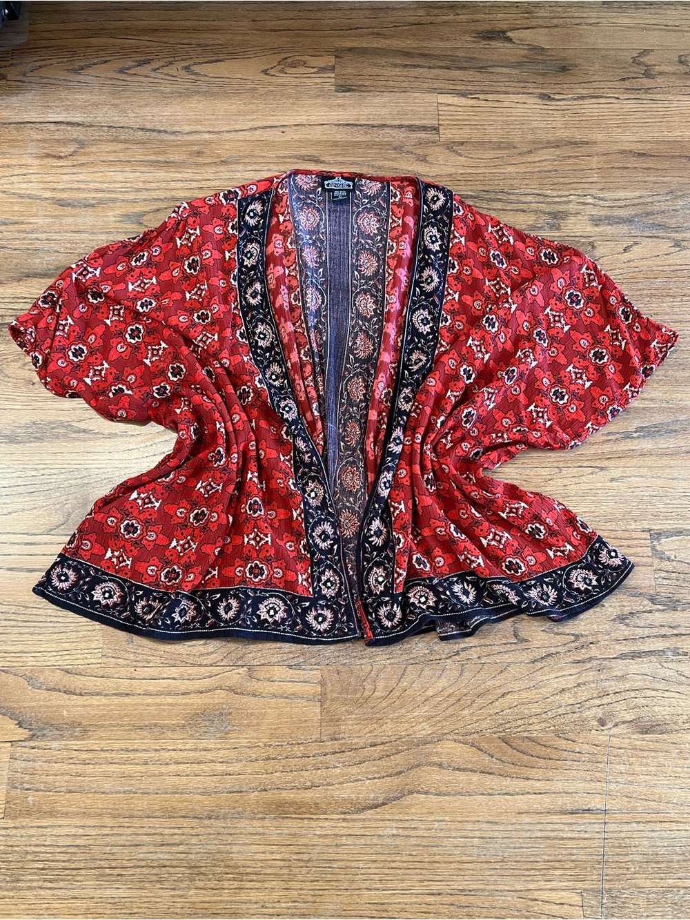 Angie Red Floral Open Kimono with Black Trim